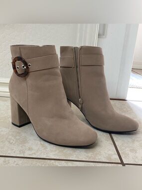 MIA Taupe Block Heel Ankle Booties with Tortoiseshell Buckle